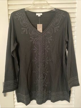 J. Jill Black V-Neck Beaded Embroidered Long-Sleeve Tunic